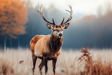 Elegant deer with antlers standing in an autumn meadow, surrounded by warm hues and serene wilderness.