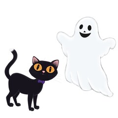 Illustration with smiling ghost and black cat on white background 