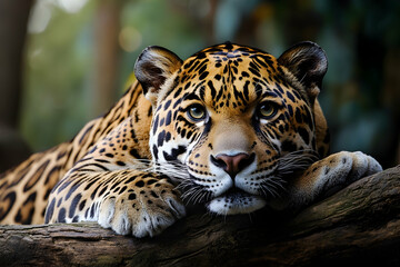 Relaxed jaguar resting on a branch in the jungle, capturing a rare moment of calm and feline elegance.