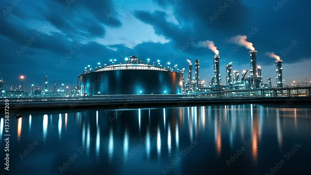 Poster a night shot of the lng storage tank gleaming like a silver dome under intense illumination, surroun