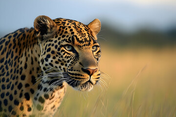 Focused leopard prowling through tall grass under golden sunlight, capturing the essence of stealth and elegance.