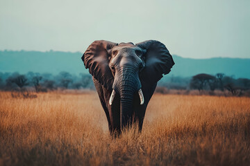 Powerful elephant walking through golden savannah, a symbol of strength, wisdom, and wild beauty at sunset.