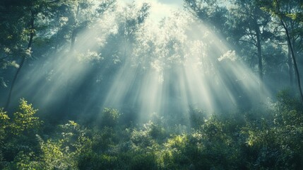 Ethereal sunlight filters through a dense forest, illuminating the greenery and creating a serene atmosphere.