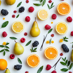 fruit composition, fruit whole and cut, with leaves and stems, pears, peaches, apples, oranges, lemon, strawberries, raspberries, grapes, vanilla sticks and flowers, 