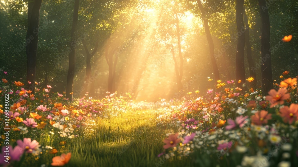Poster a serene forest scene with vibrant flowers and soft sunlight filtering through the trees, creating a