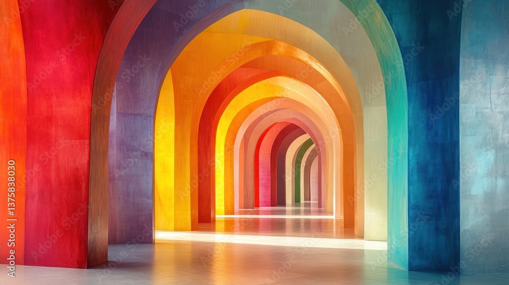 Poster an enchanting perspective of rainbow arches creating a mesmerizing tunnel of colorful transitions an