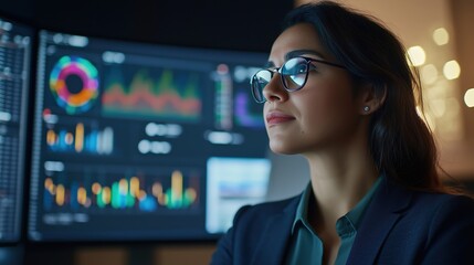 Hispanic Female Project Manager Analyzing Data in Modern Office