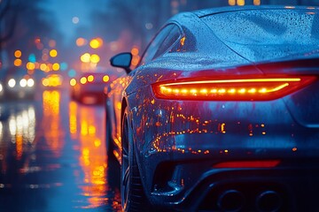 
LED optics of a car in the evening city – Headlights glowing in the dark, spectacular view.

