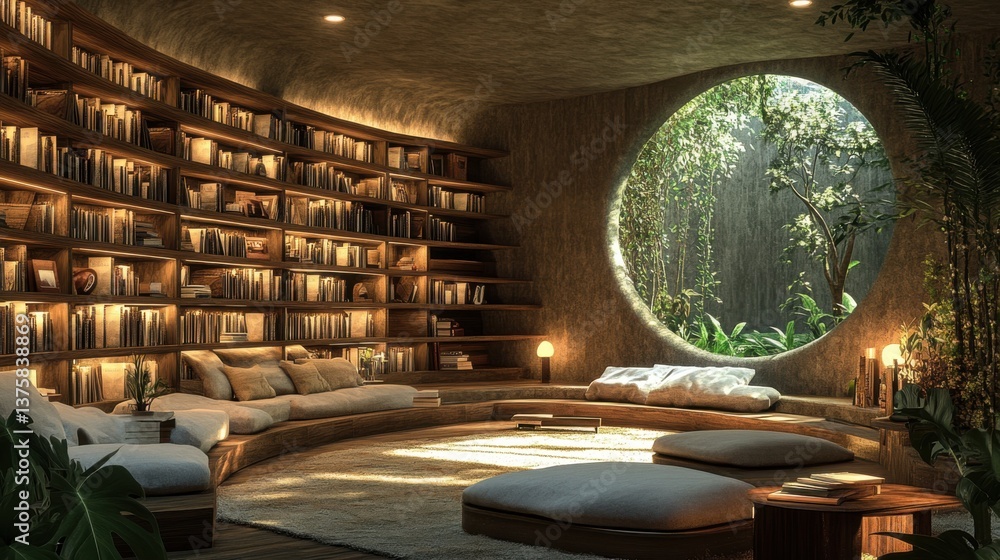 Poster a cozy reading nook with circular windows, surrounded by bookshelves and lush greenery, creating a s