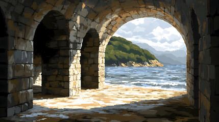 Fototapeta premium Pixel Art Stone Arches Framing Ocean View with Hilly Island and Rippling Water Under Bright Sunlight in Coastal Landscape