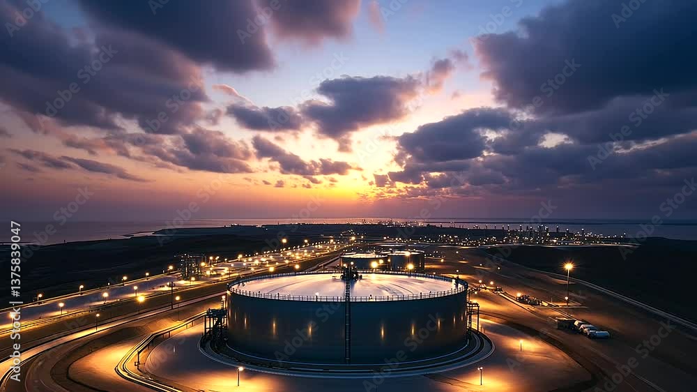 Poster a wide frame capturing the lng storage tank gleaming in the distance, protected by state-of-the-art 