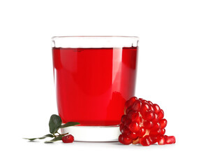 Glass of fresh pomegranate juice on white background