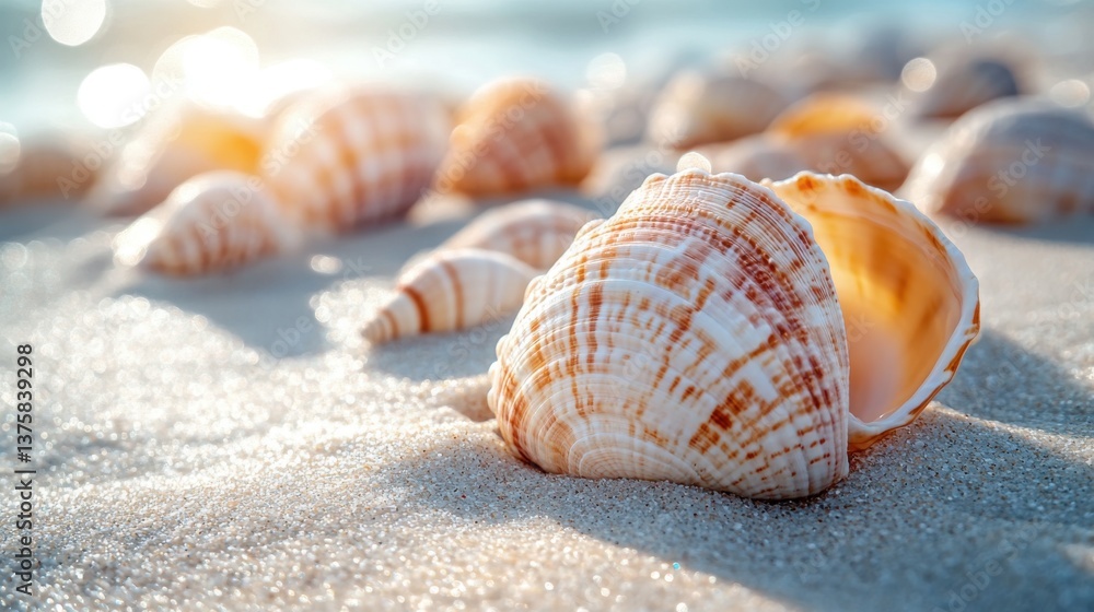 Poster a close-up of a beautiful seashell resting on sandy beach, with soft sunlight highlighting its intri