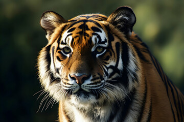 Close-up of a Bengal tiger with intense gaze, showcasing strength, wild beauty, and endangered wildlife in natural habitat.