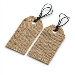 Two Blank Brown Burlap Gift Tags with Black Twine on White