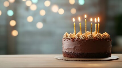 Golden Candles and Chocolate Cake: A mouthwatering chocolate cake adorned with golden candles, set on a wooden table, with a bokeh of fairy lights in the background.
