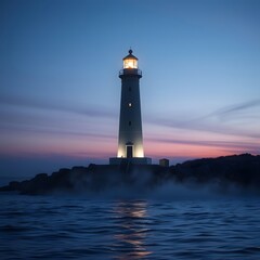 Twilight Lighthouse at Rocky Coastline