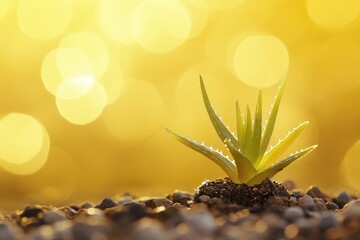 Fototapeta premium A vibrant aloe plant grows with a bright golden background