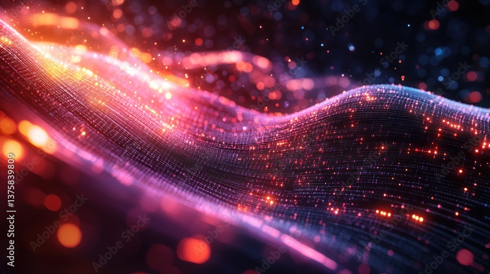Poster abstract glowing particle wave on dark background intricate digital landscape visualization with red