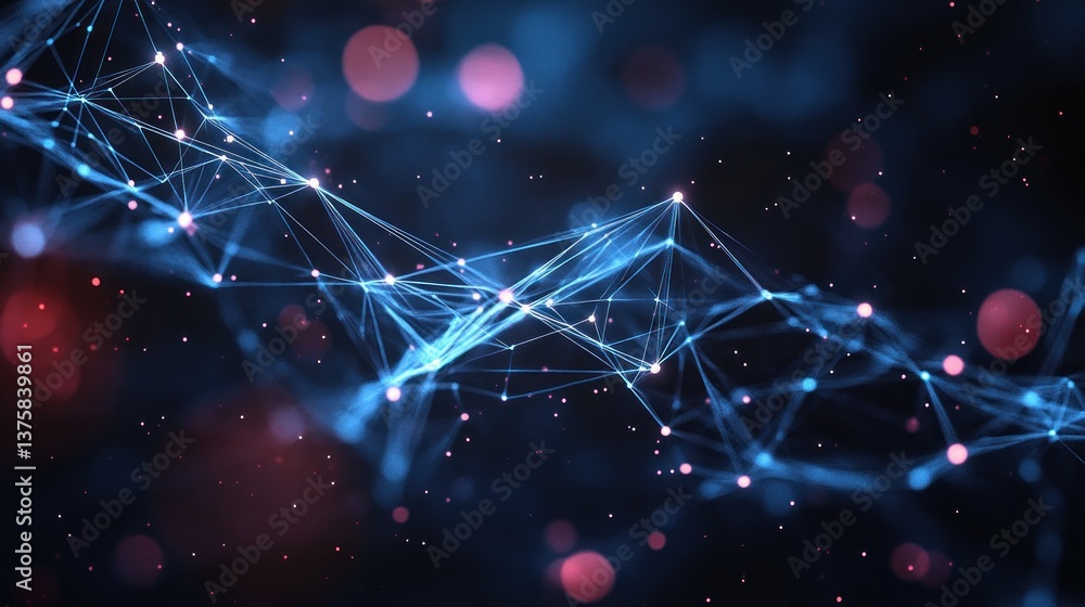 Poster complex network visualization with connecting blue lines and glowing nodes creating an abstract web 