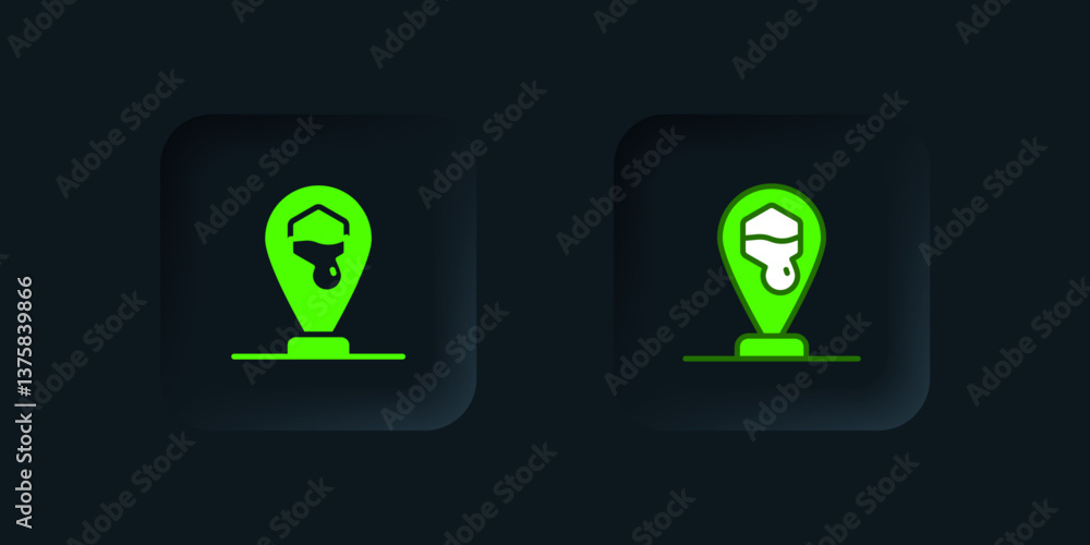 Poster green honeycomb bee location map pin pointer icon isolated on black background. farm animal map poin