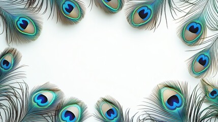 Obraz premium Elegant peacock feather border design with a blank central area for text suitable for invitations or announcements