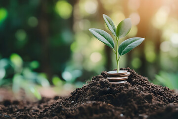 Young plant sprouting from coins symbolizing financial growth, investment, sustainability, and eco-friendly savings in natural environment.