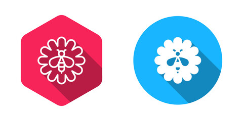 Filled and outline Bee on flower icon isolated with long shadow background. Sweet natural food. Honeybee or apis with wings symbol. Flying insect. Vector