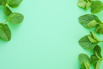 Fresh mint leaves on pastel mint green background create soothing and vibrant atmosphere, perfect for culinary or wellness themes