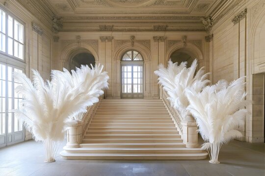 Luxurious marble staircase photography backdrop with white feather arrangements in rococo palace.