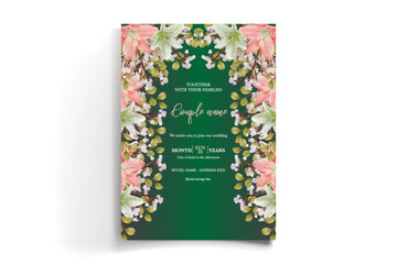 WEDDING INVITATION FRAME WITH FLOWER DECORATIONS AND FRESH LEAVES