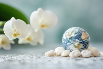 A miniature globe is next to white orchid flowers and stones