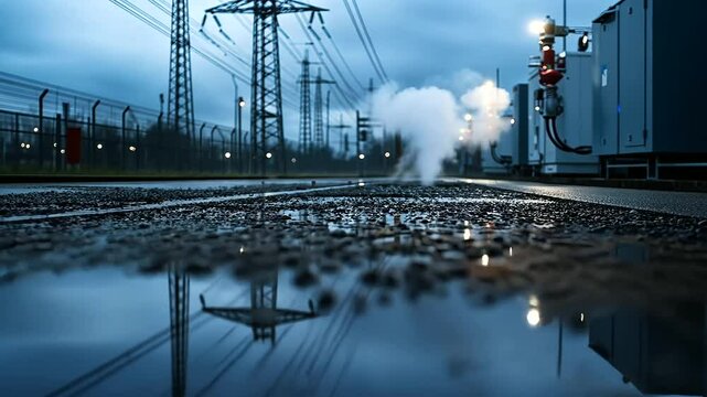 Rain-drenched electrical substation with pools of water forming on gravel, heated transformers emitting visible steam clouds, heavy cables sagging under the weight of rainfall