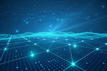 A high-tech digital grid background with floating light particles and deep blue tones. Perfect for technology, AI, and futuristic design visuals.