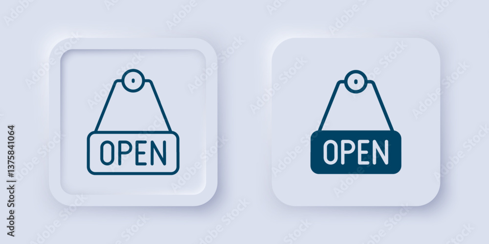 Poster filled and outline hanging sign with text open door icon isolated on grey background. square button.