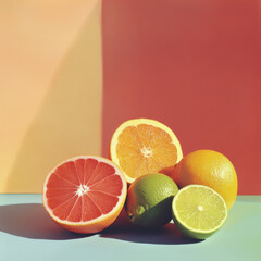 retro 1960s pop art minimalist citrus fruits with oranges limes and grapefruit still life photograph