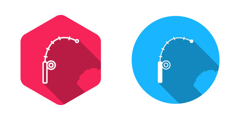 Filled and outline Fishing rod icon isolated with long shadow background. Catch a big fish. Fishing equipment and fish farming topics. Vector