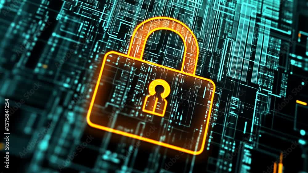 Poster digital security and cyber protection conceptual animation with padlock symbol