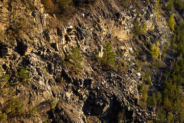 Rocky cliff with rough textures, golden sunlight, and sparse vegetation. The rugged terrain highlights natural erosion, with scattered dry plants and earthy tones dominating the landscape.