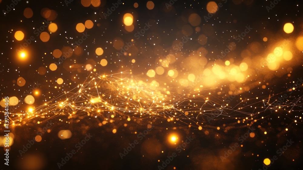 Poster abstract golden network with glowing nodes and bokeh creating a dynamic and futuristic interconnecte