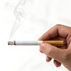 Close-up of a lit cigarette held in hand with rising smoke, representing smoking habits, tobacco consumption and the risks associated with addiction