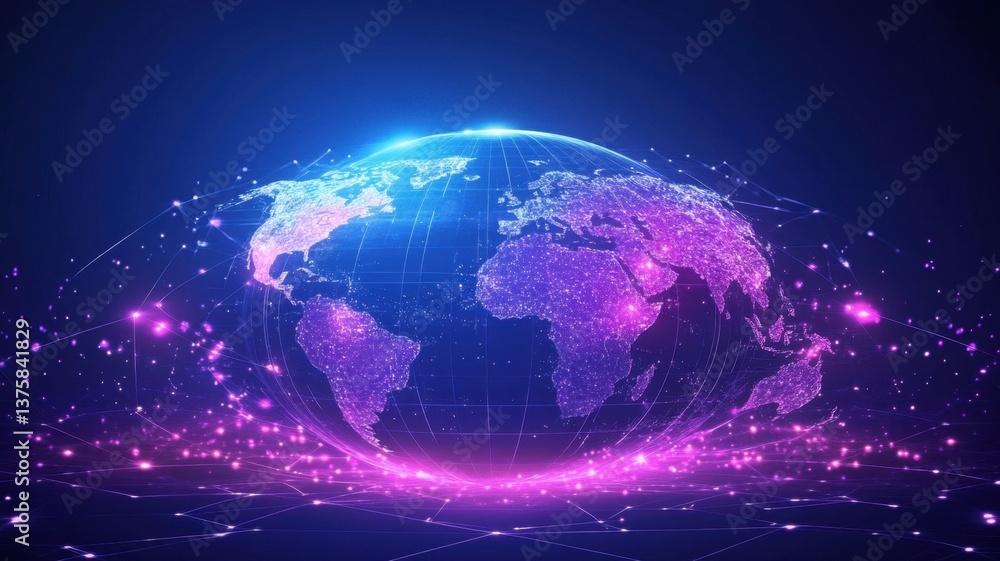 Poster connections world globe rotating with futuristic lines and dots, representing global network and dig