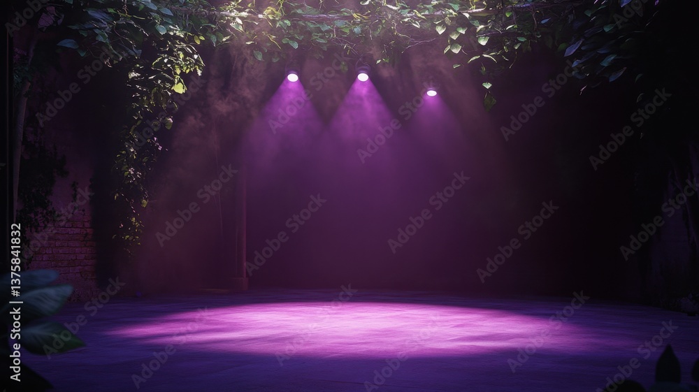 Aufkleber an intimate dance empty stage with a soft purple spotlight in the center. the background is dark wit