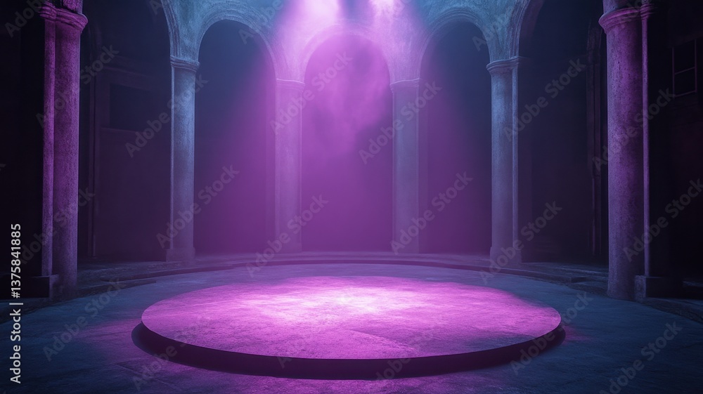 Poster an intimate dance empty stage with a soft purple spotlight in the center. the background is dark wit