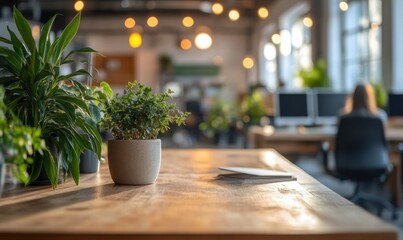 Business office with blurred people Succulent plant in sitting ceramic pot on wooden desk, soft focused workspace revealing minimalist interior design with green accent