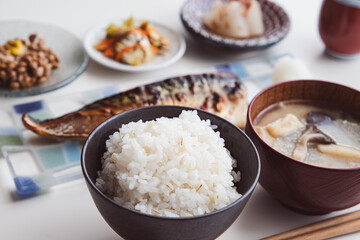 塩サバの納豆定食(塩サバ・もち麦ごはん・エリンギと大根と揚げのお味噌汁・納豆・大根の梅煮・白菜の漬物)