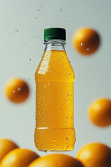 Yellow juice bottle tilted in the air, in front of a clean white background, green aluminum 