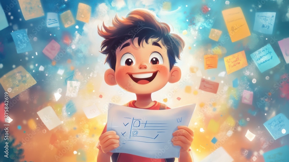 Poster a cheerful boy holds a paper filled with checkboxes and notes, surrounded by colorful floating paper