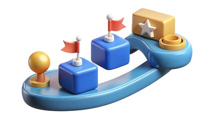 A colorful digital illustration of a playful game interface with flags, stars, and trophies. Isolate on white background, Copy space, commercial use