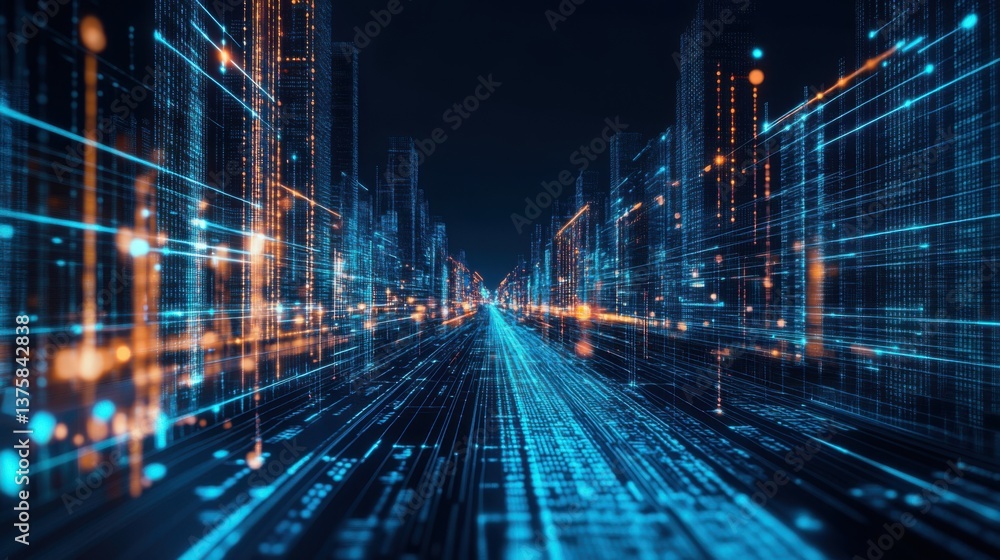 Poster a futuristic cityscape filled with glowing digital lines and data streams, creating a sense of high-